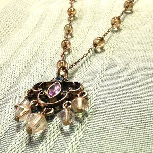 70s Victorian Revival Brass Filigree Necklace Amethyst Glass Marquise Pendant wi